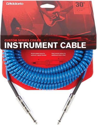 Câble Instrument D'Addario Custom Series 30 Pieds Spiralé Bleu
