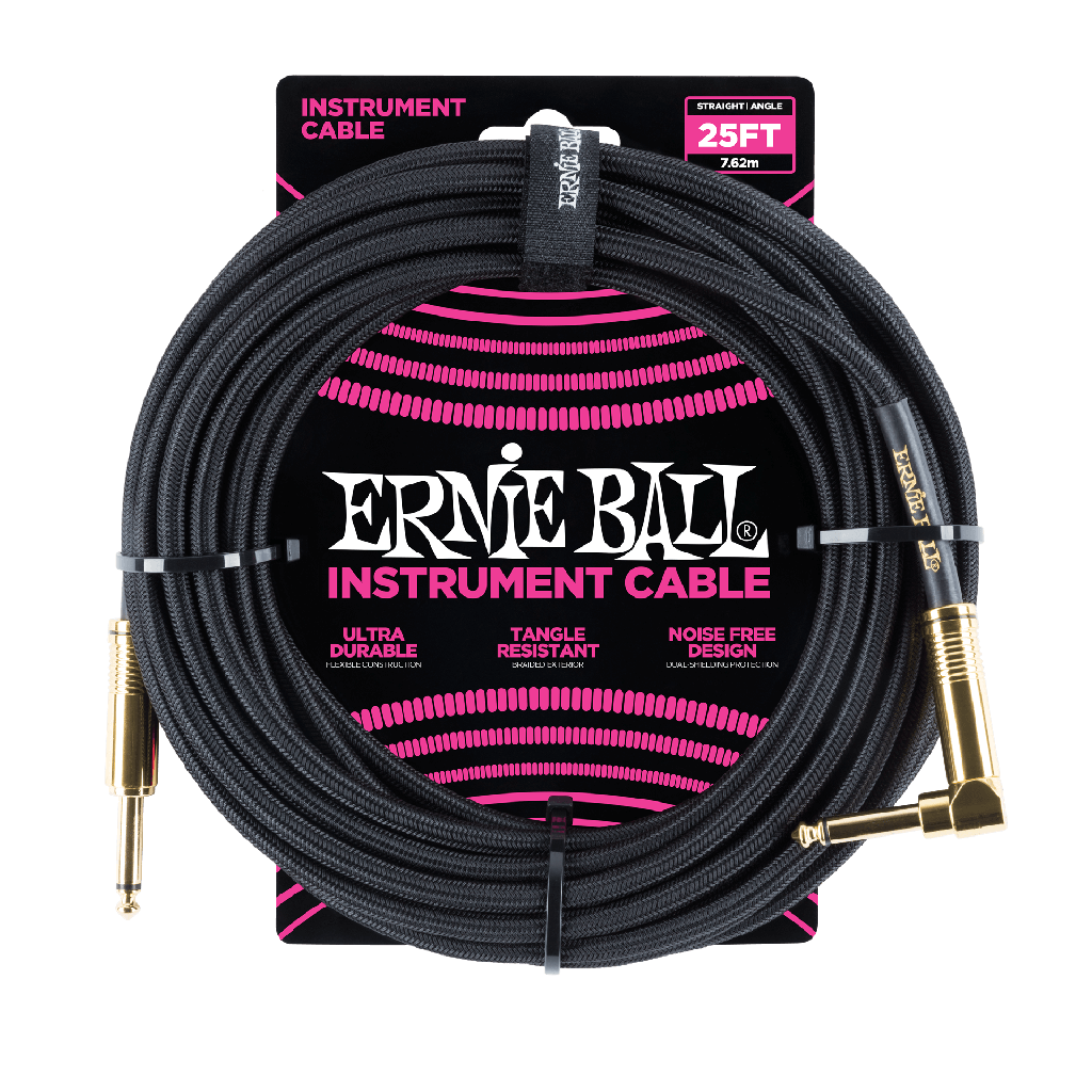 Câble Instrument Ernie Ball 25 Pieds avec Angle Droit Nylon Noir