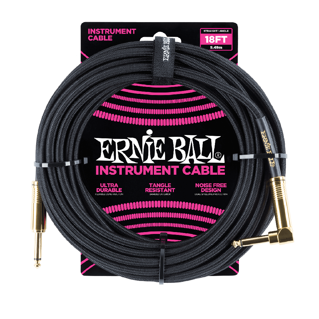 Câble Instrument Ernie Ball 18 Pieds avec Angle Droit Nylon Noir