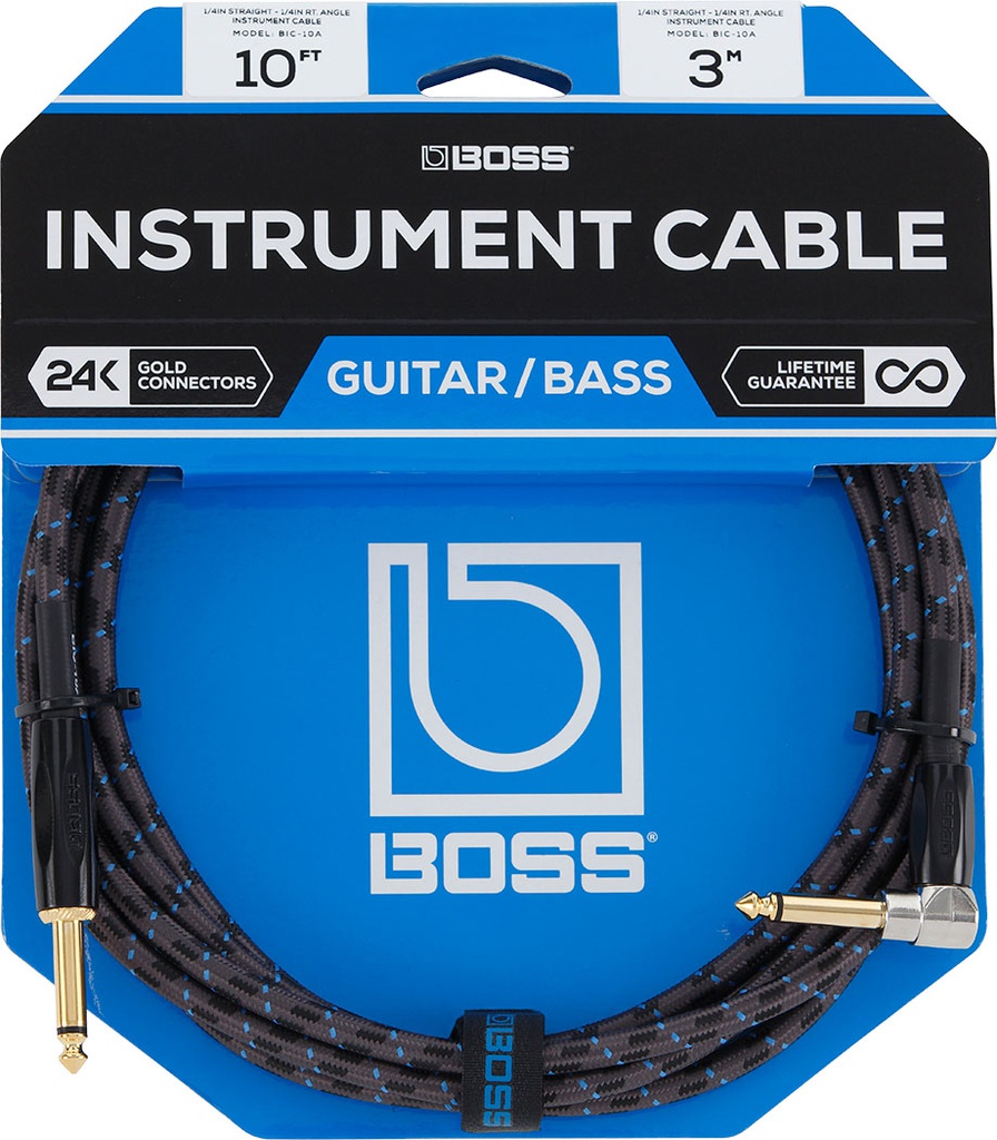 Câble Instrument Boss 10 Pieds avec Angle Droit Nylon Noir