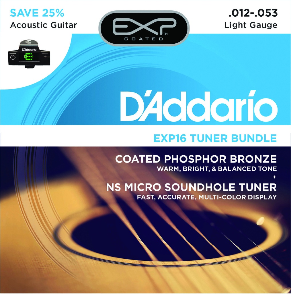 Ensemble Cordes & Accordeur Guitare Acoustique D'Addario EXP16 Tuner Bundle