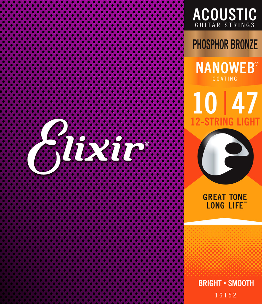 Elixir Nanoweb Phosphor Bronze Acoustic Guitar Strings, 12-String, 10-47