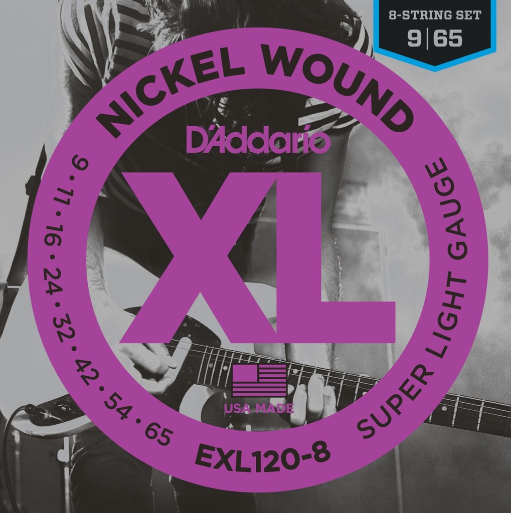 Cordes Guitare Électrique D'Addario XL Nickel Wound 8 cordes 9-65