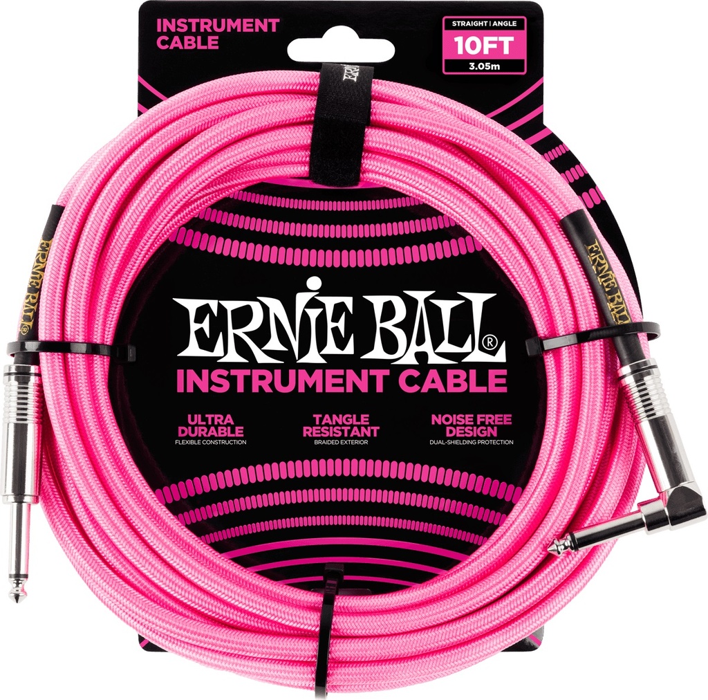 Câble Instrument Ernie Ball 10 Pieds avec Angle Droit Nylon Rose Fluorescent