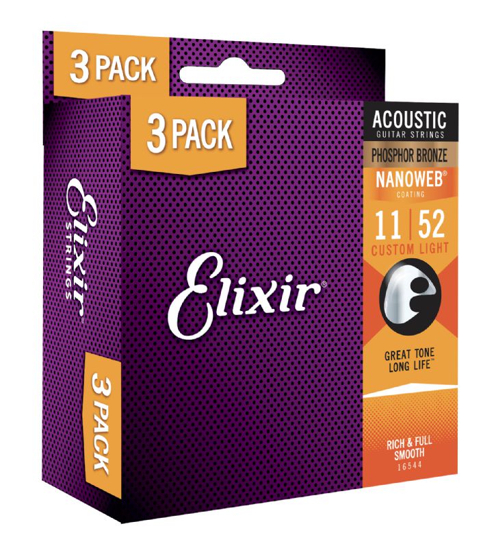 3 Paquets Cordes Guitare Acoustique Elixir Nanoweb Phosphor Bronze Everyday 3-Pack 11-52