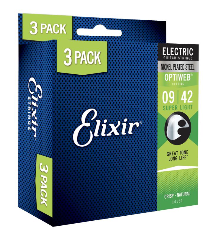 3 Paquets Cordes Guitare Électrique Elixir Optiweb Everyday 3-Pack 9-42