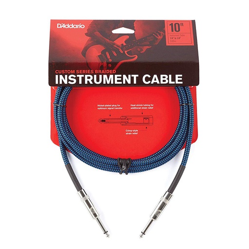 [PW-BG-10BU] Câble Instrument D'Addario Custom Series 10 Pieds Nylon Bleu