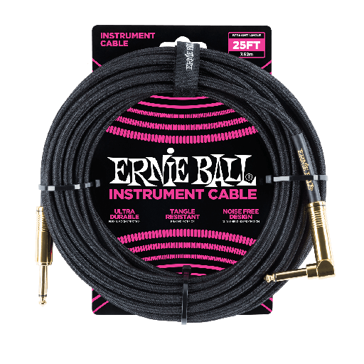 Câble Instrument Ernie Ball 25 Pieds avec Angle Droit Nylon Noir