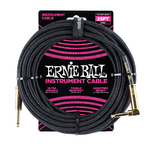 [PO6058] Câble Instrument Ernie Ball 25 Pieds avec Angle Droit Nylon Noir