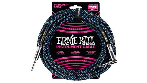 [P06060] Câble Instrument Ernie Ball 25 Pieds avec Angle Droit Nylon Bleu et Noir