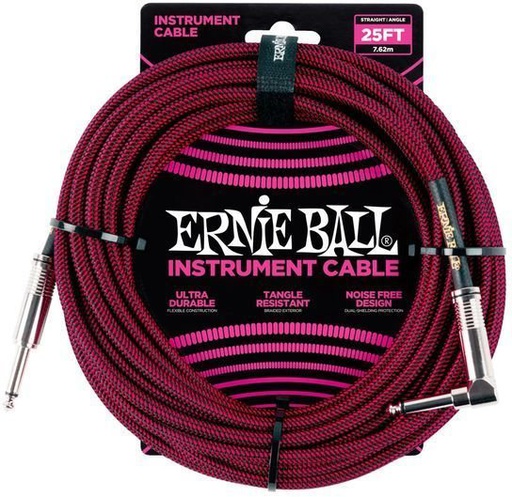 [PO6062] Câble Instrument Ernie Ball 25 Pieds avec Angle Droit Nylon Rouge