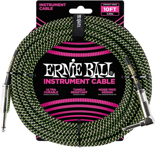 [P06077] Câble Instrument Ernie Ball 10 Pieds avec Angle Droit Vert