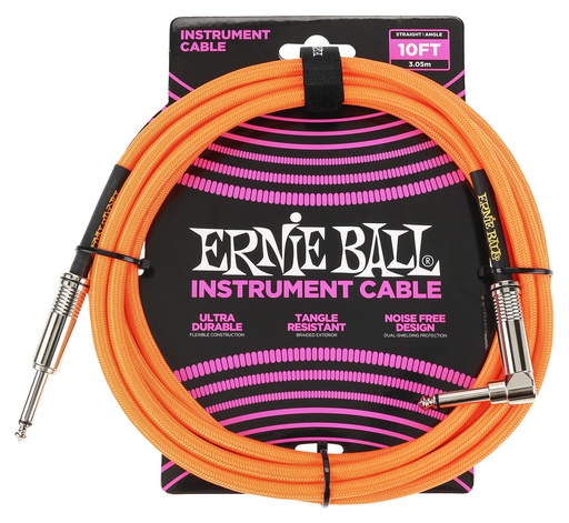 [P06079] Câble Instrument Ernie Ball 10 Pieds avec Angle Droit Nylon Orange Fluorescent
