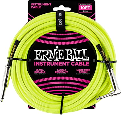 [PO6080] Câble Instrument Ernie Ball 10 Pieds avec Angle Droit Nylon Jaune Fluorescent