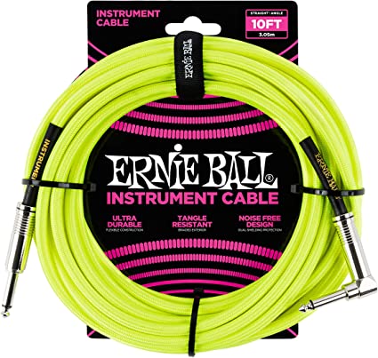 Câble Instrument Ernie Ball 10 Pieds avec Angle Droit Nylon Jaune Fluorescent