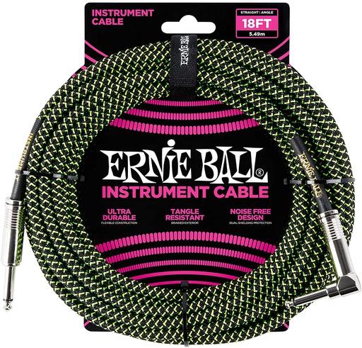 [P06082] Câble instrument Ernie Ball 18 Pieds avec Angle Droit Nylon Vert