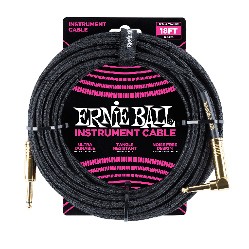Câble Instrument Ernie Ball 18 Pieds avec Angle Droit Nylon Noir