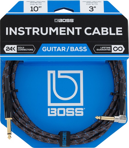 [BIC-10A] Câble Instrument Boss 10 Pieds avec Angle Droit Nylon Noir