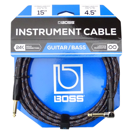 [BIC-15A] Câble Instrument Boss 15 Pieds avec Angle Droit Nylon Noir
