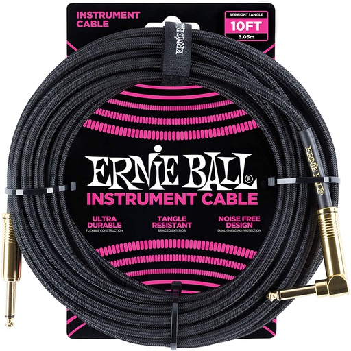Câble Instrument Ernie Ball 10 Pieds avec Angle Droit Nylon Noir