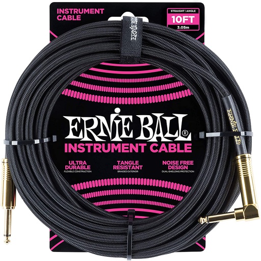 [PO6081] Câble Instrument Ernie Ball 10 Pieds avec Angle Droit Nylon Noir