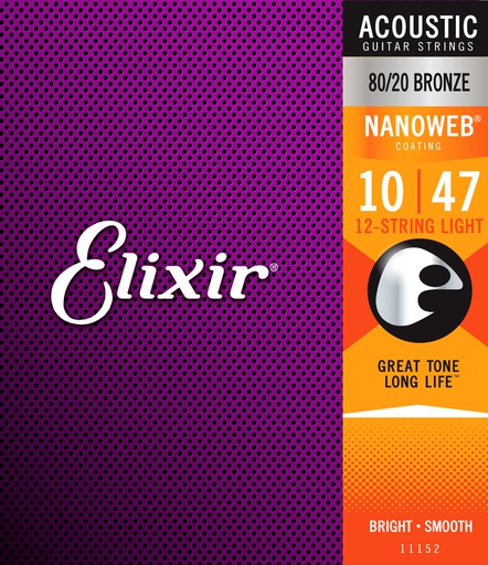 [11152] Elixir Nanoweb 80/20 Bronze 12-String Acoustic Guitar Strings, 10-47