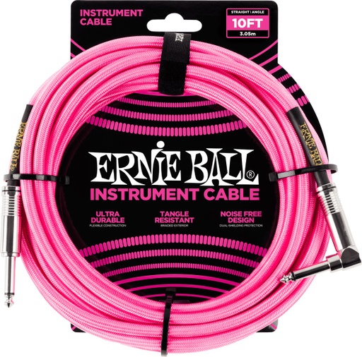 [PO6078] Câble Instrument Ernie Ball 10 Pieds avec Angle Droit Nylon Rose Fluorescent