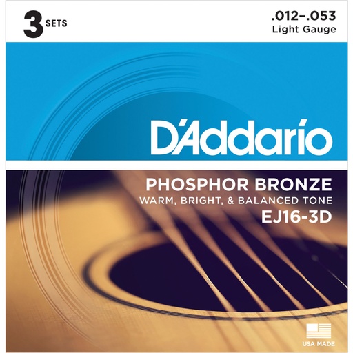 [EJ16-3D] Cordes Guitare Acoustique D'Addario Paquet de 3 Phosphor Bronze 12-53