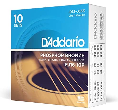 [EJ16-10P] Cordes Guitare Acoustique D'Addario Paquet de 10 Phosphor Bronze 12-53