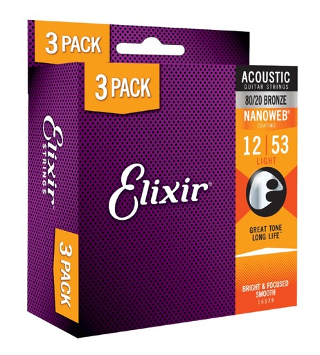 [16539X] 3 Paquets Cordes Guitare Acoustique Elixir Nanoweb 80/20 Bronze Everyday 3-Pack 12-53